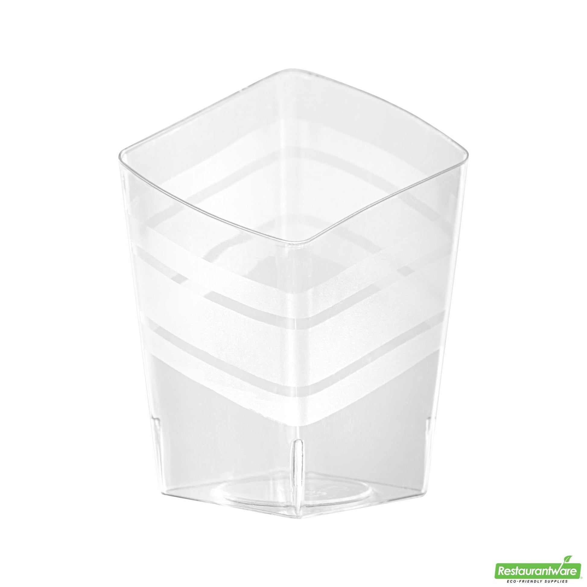 Wholesale Restaurantware 3 Oz Rounded Diamond Clear Plastic Incline Cup - with Stripes- Bulk