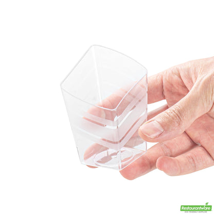 Wholesale Restaurantware 3 Oz Rounded Diamond Clear Plastic Incline Cup - with Stripes- Bulk