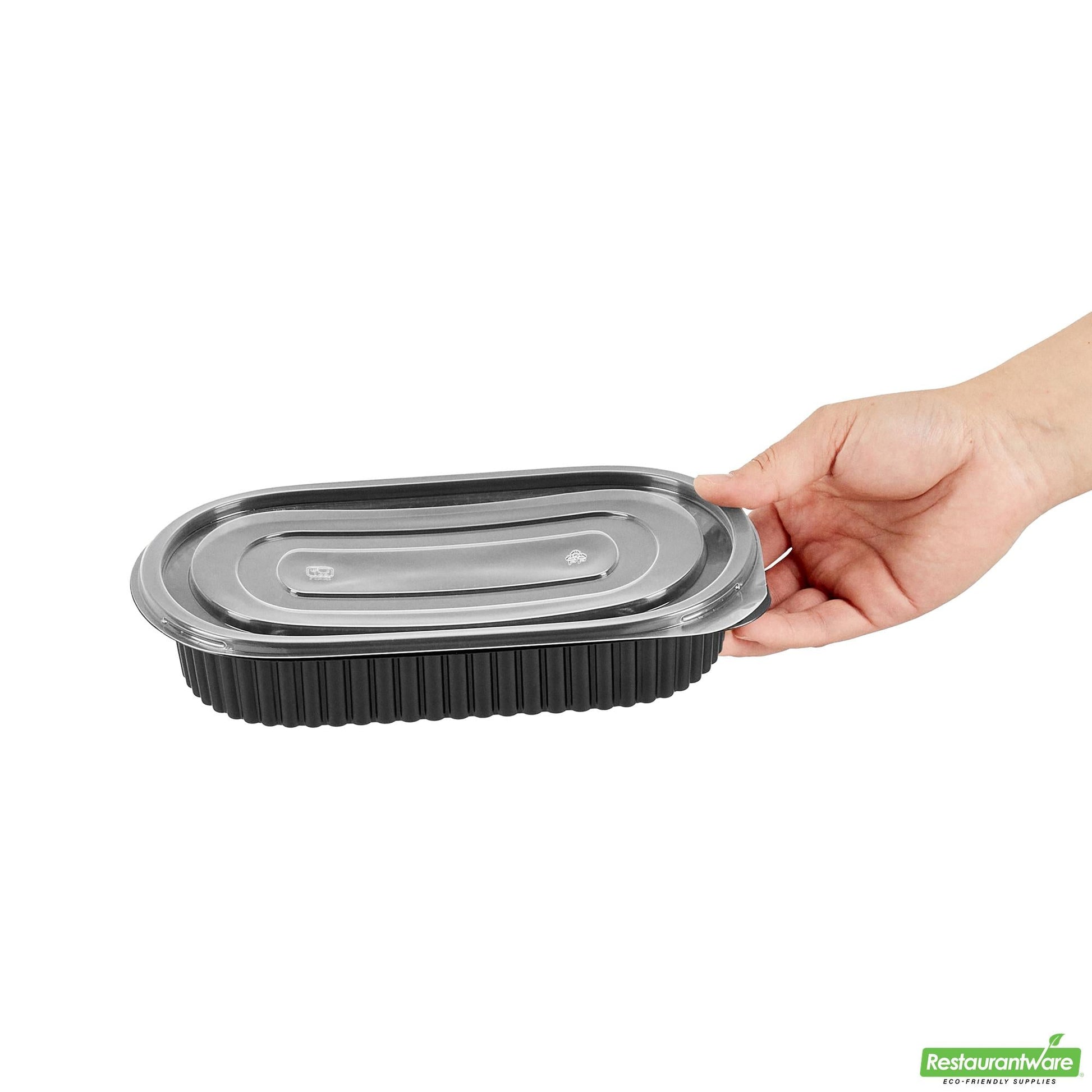 Wholesale Restaurantware 25 Oz Oval Black Plastic Food Container - with Clear Flat Lid- Bulk
