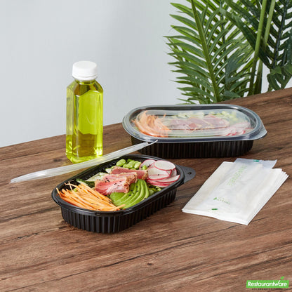 Wholesale Restaurantware 25 Oz Oval Black Plastic Food Container - with Clear Flat Lid- Bulk
