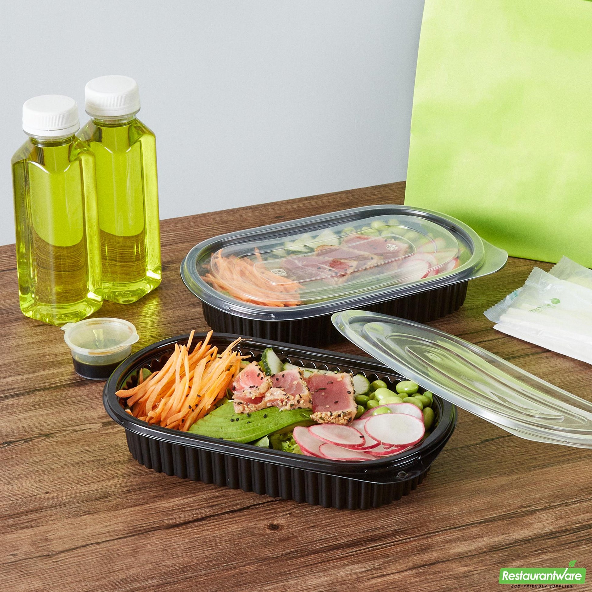 Wholesale Restaurantware 25 Oz Oval Black Plastic Food Container - with Clear Flat Lid- Bulk