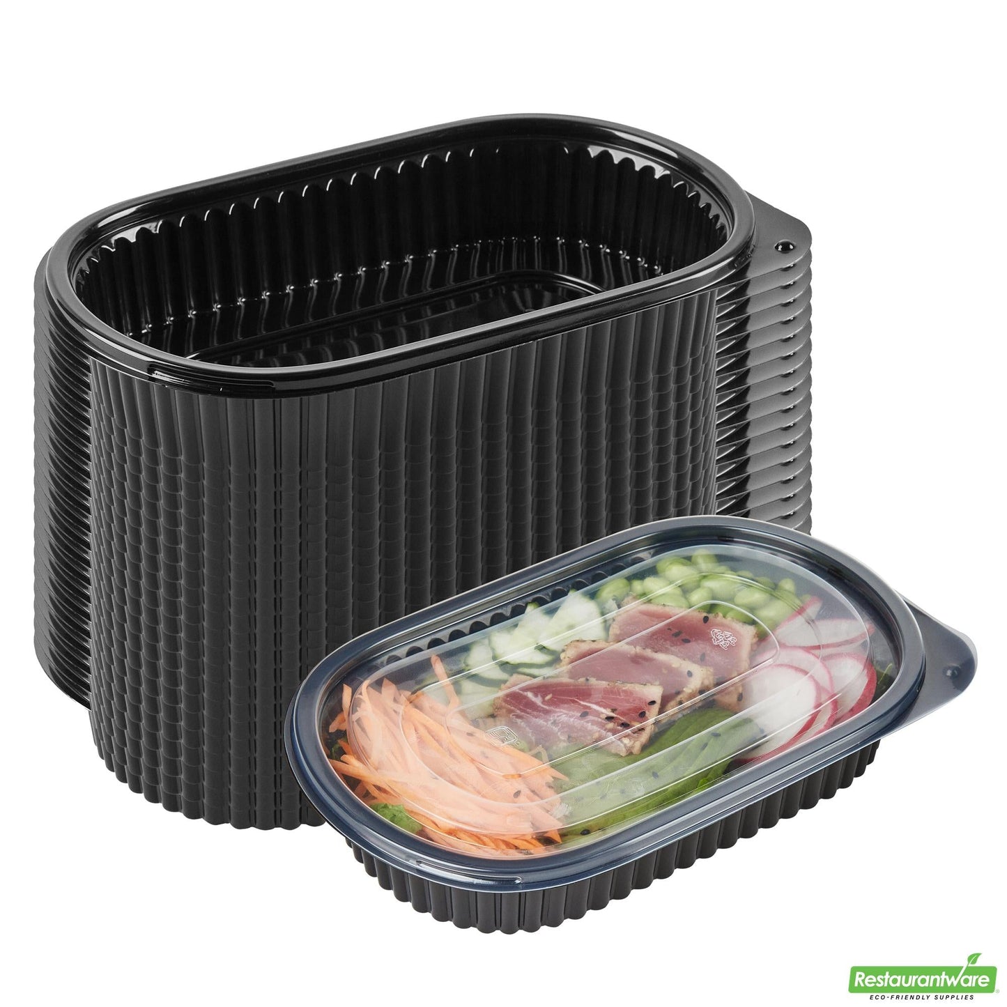 Wholesale Restaurantware 25 Oz Oval Black Plastic Food Container - with Clear Flat Lid- Bulk