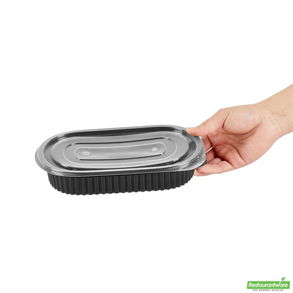 Wholesale Restaurantware 25 Oz Oval Black Plastic Food Container - with Clear Flat Lid- Bulk