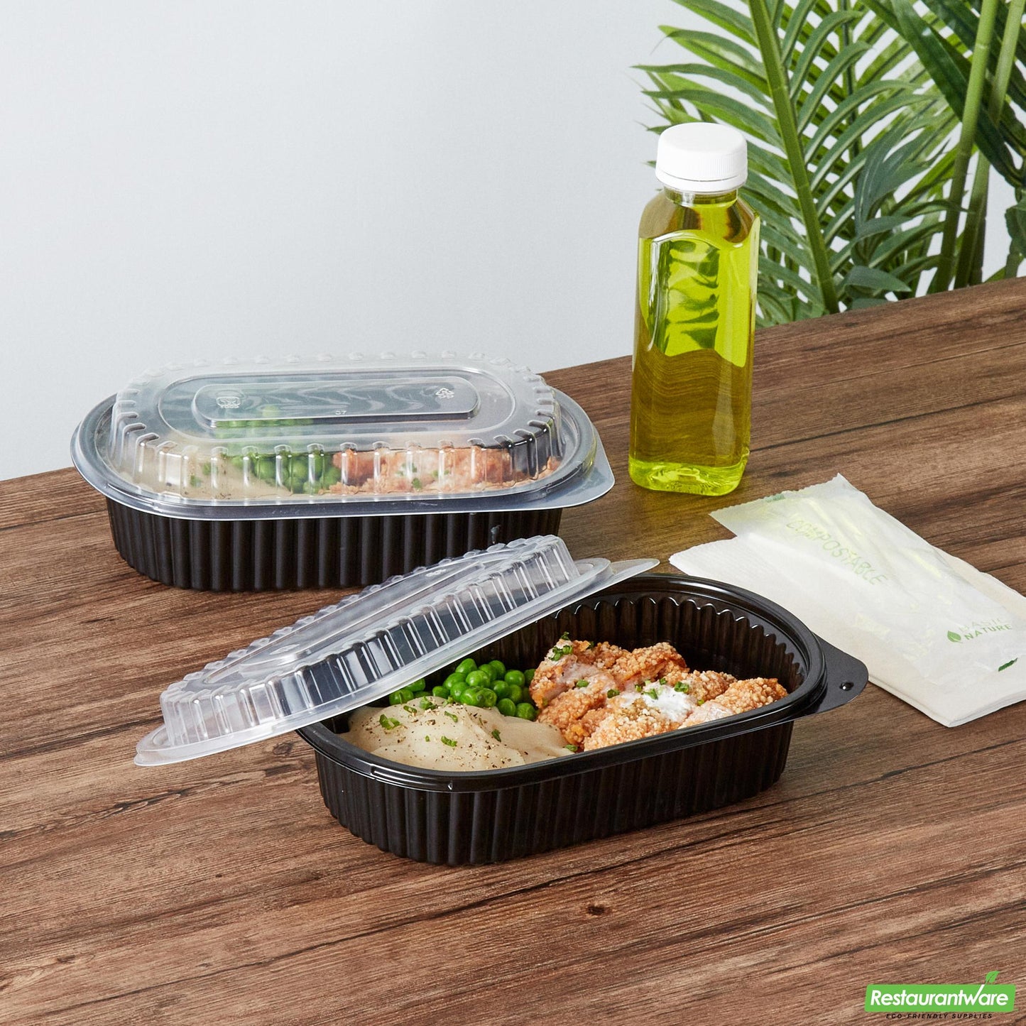 Wholesale Restaurantware 32 Oz Oval Black Plastic Food Container - with Clear Dome Lid- Bulk