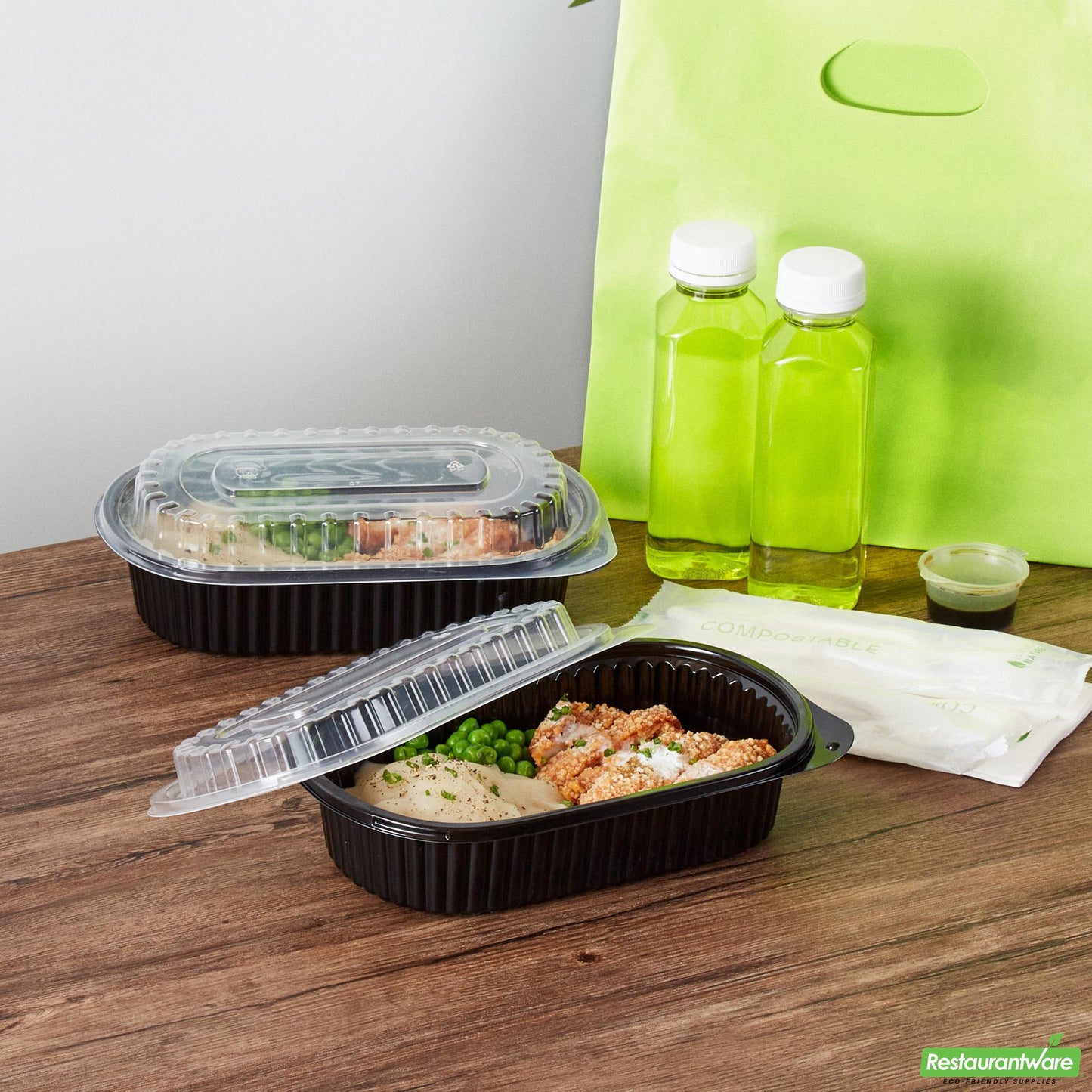 Wholesale Restaurantware 32 Oz Oval Black Plastic Food Container - with Clear Dome Lid- Bulk