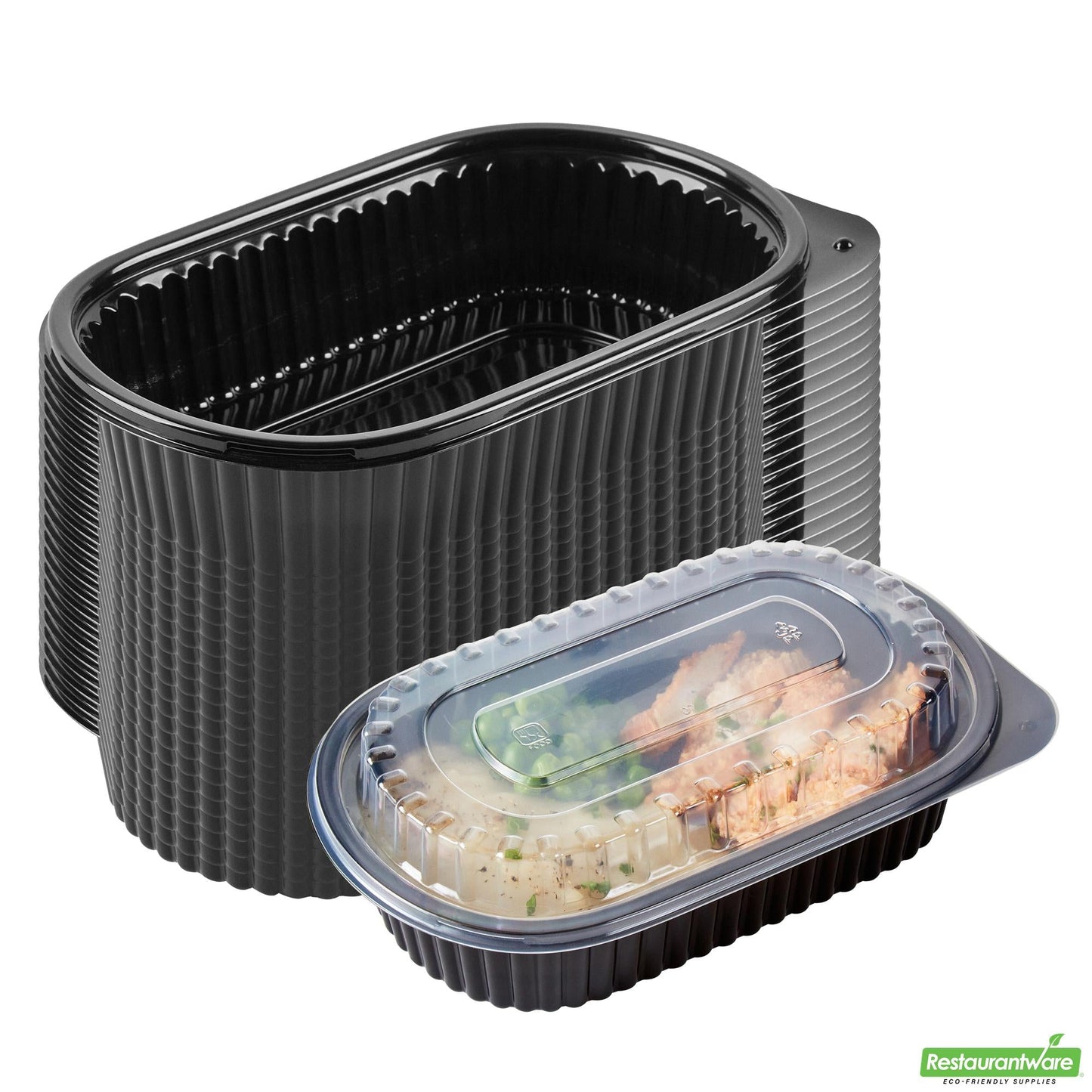 Wholesale Restaurantware 32 Oz Oval Black Plastic Food Container - with Clear Dome Lid- Bulk