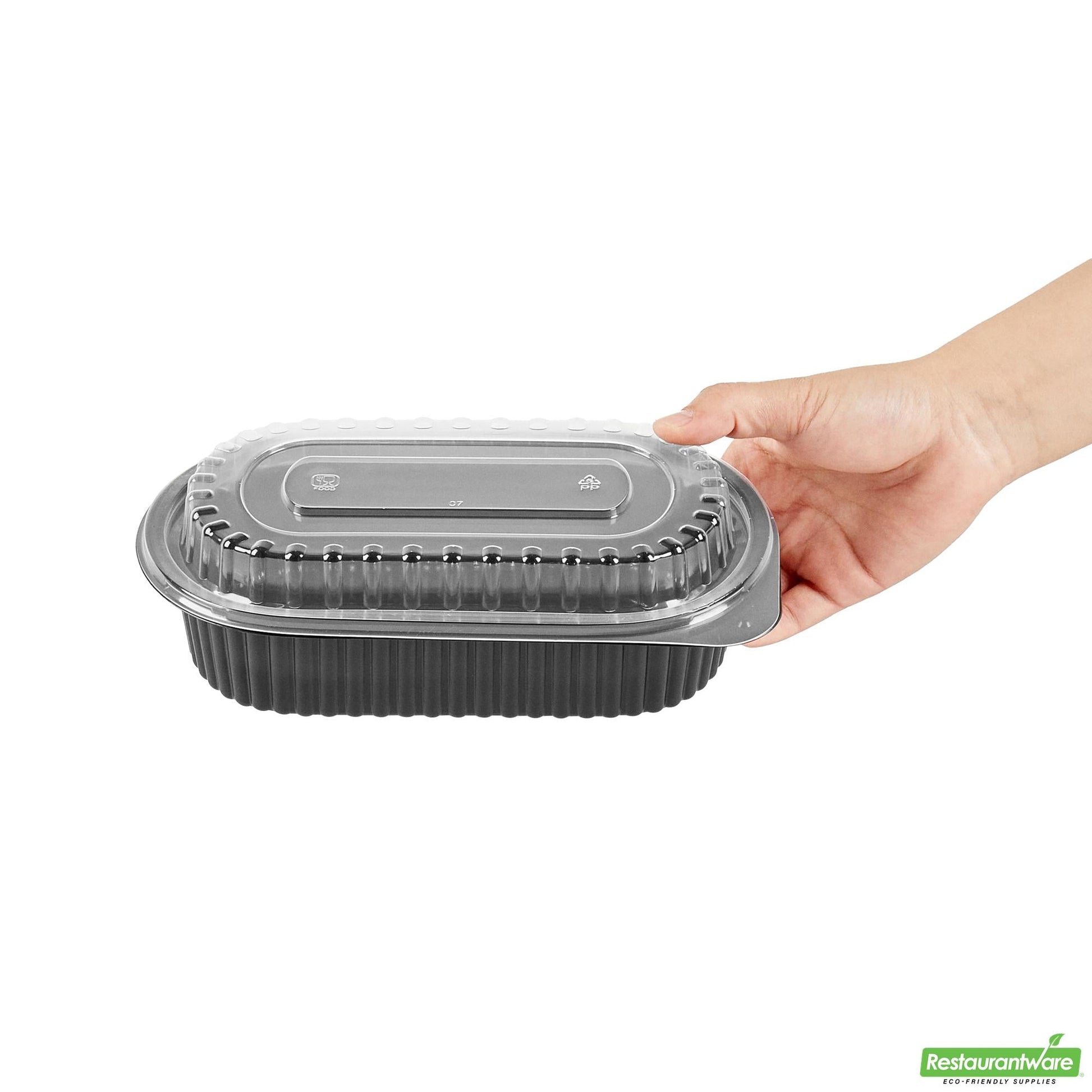 Wholesale Restaurantware 32 Oz Oval Black Plastic Food Container - with Clear Dome Lid- Bulk
