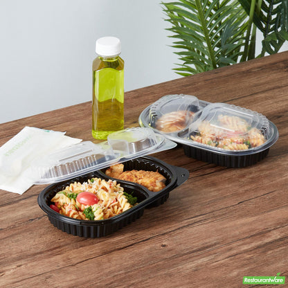 Wholesale Restaurantware 20 Oz Oval Black Plastic Food Container - with Clear Dome Lid- Bulk