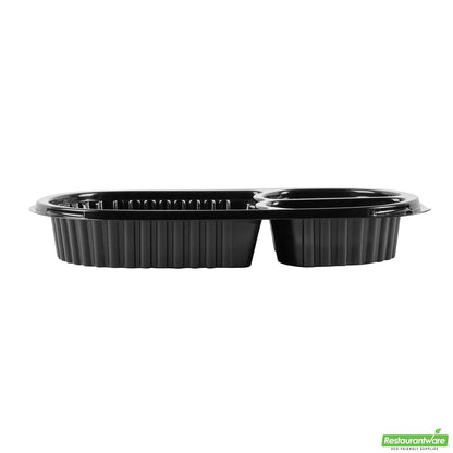 Wholesale Restaurantware 19 Oz Oval Black Plastic 3 Compartment Food Container - with Clear Lid- Bulk