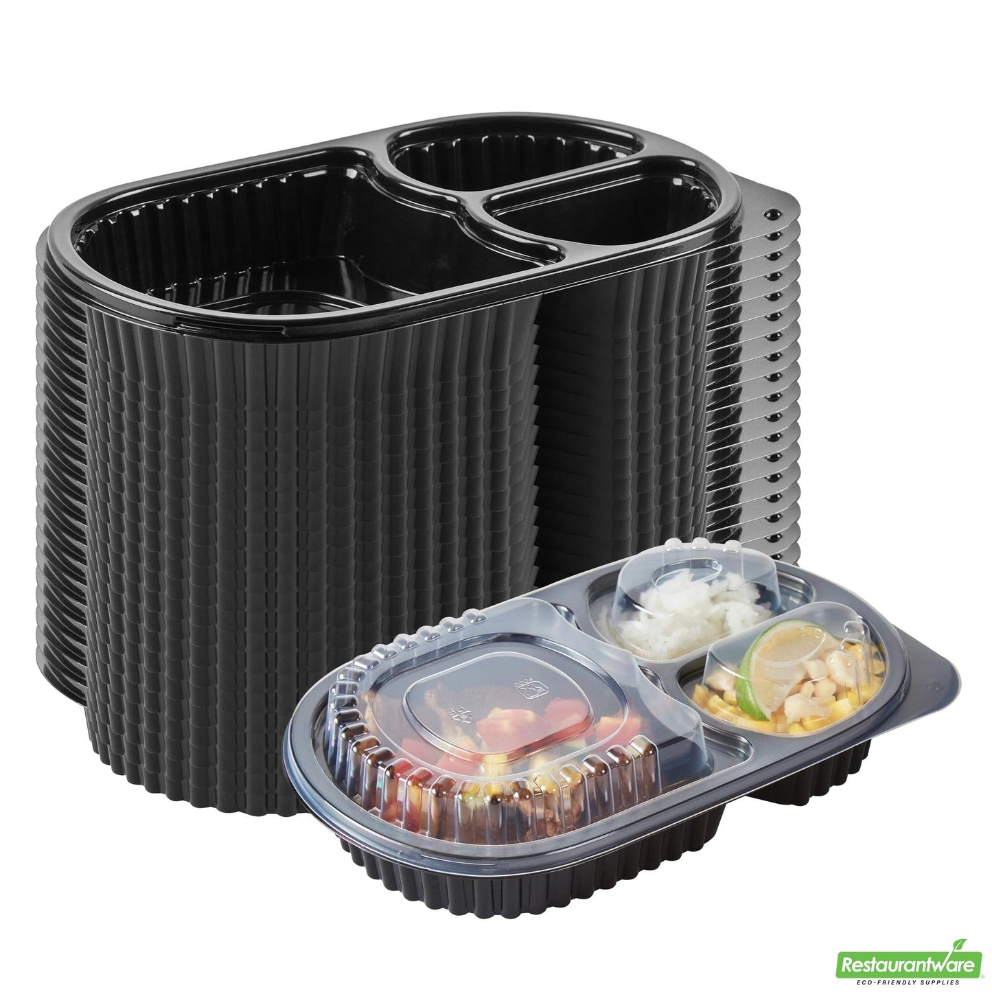 Wholesale Restaurantware 19 Oz Oval Black Plastic 3 Compartment Food Container - with Clear Lid- Bulk