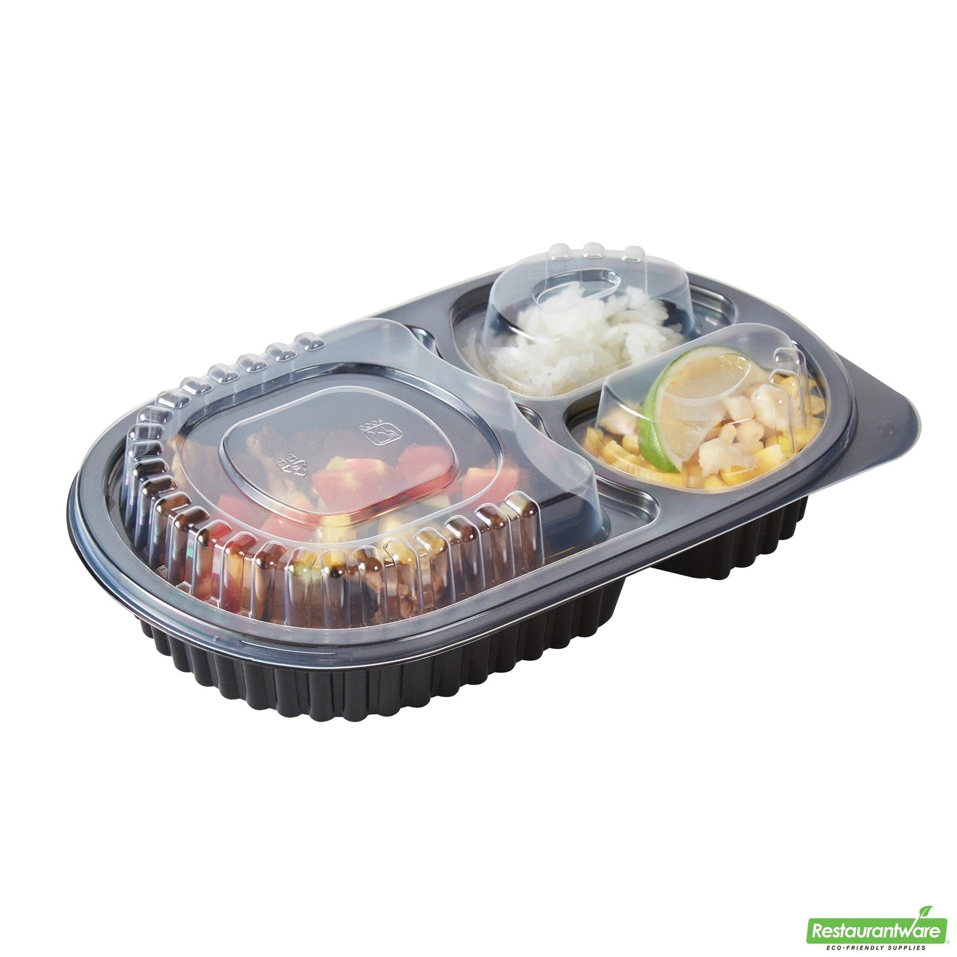 Wholesale Restaurantware 19 Oz Oval Black Plastic 3 Compartment Food Container - with Clear Lid- Bulk