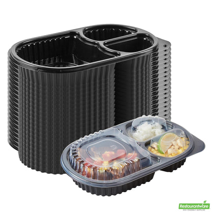 Wholesale Restaurantware 19 Oz Oval Black Plastic 3 Compartment Food Container - with Clear Lid- Bulk