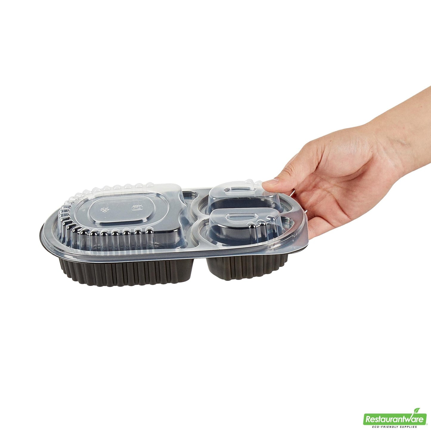 Wholesale Restaurantware 19 Oz Oval Black Plastic 3 Compartment Food Container - with Clear Lid- Bulk