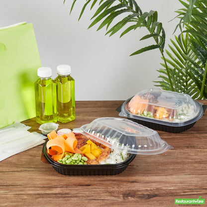 Wholesale Restaurantware 34 Oz Oval Black Plastic Food Container - with Clear Lid- Bulk