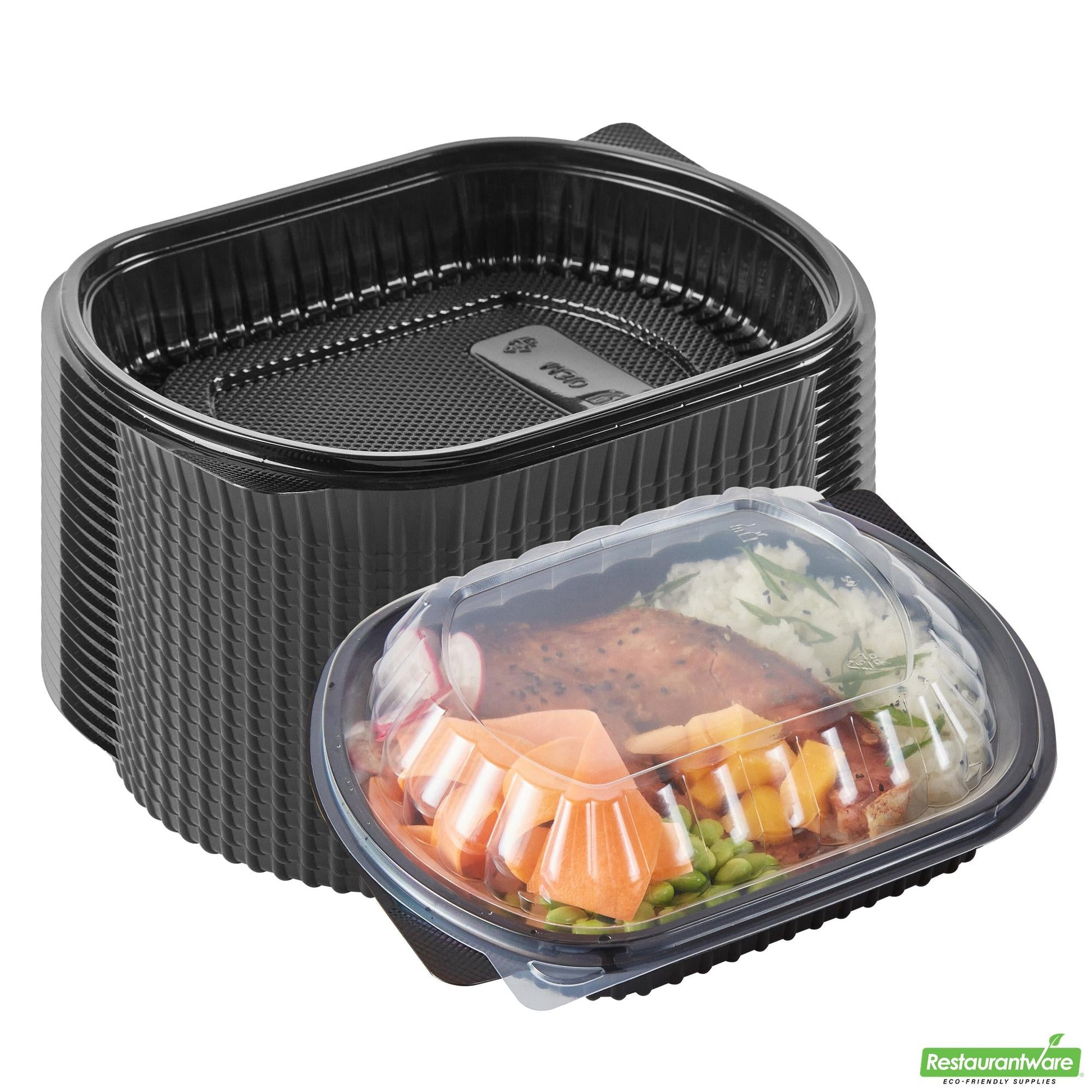 Wholesale Restaurantware 34 Oz Oval Black Plastic Food Container - with Clear Lid- Bulk