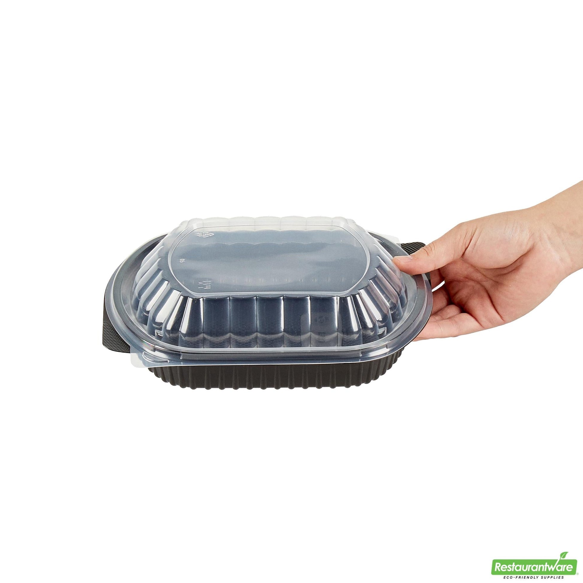 Wholesale Restaurantware 34 Oz Oval Black Plastic Food Container - with Clear Lid- Bulk