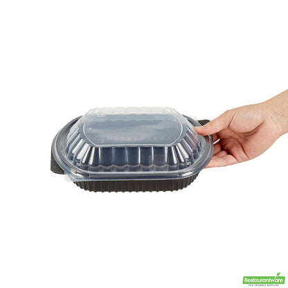 Wholesale Restaurantware 34 Oz Oval Black Plastic Food Container - with Clear Lid- Bulk