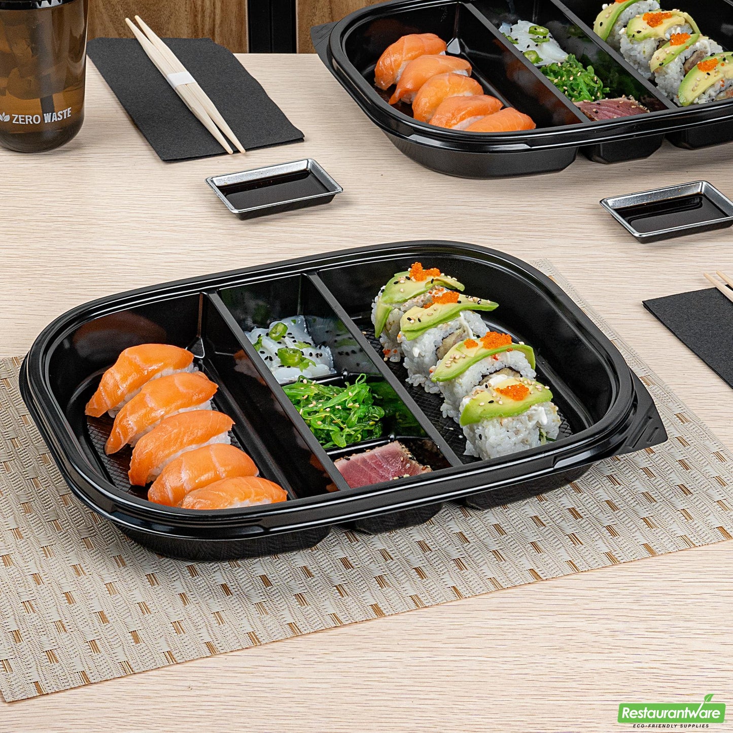Wholesale Restaurantware 51 Oz Rectangle Black Plastic Bento Box - 5 Compartments- Bulk
