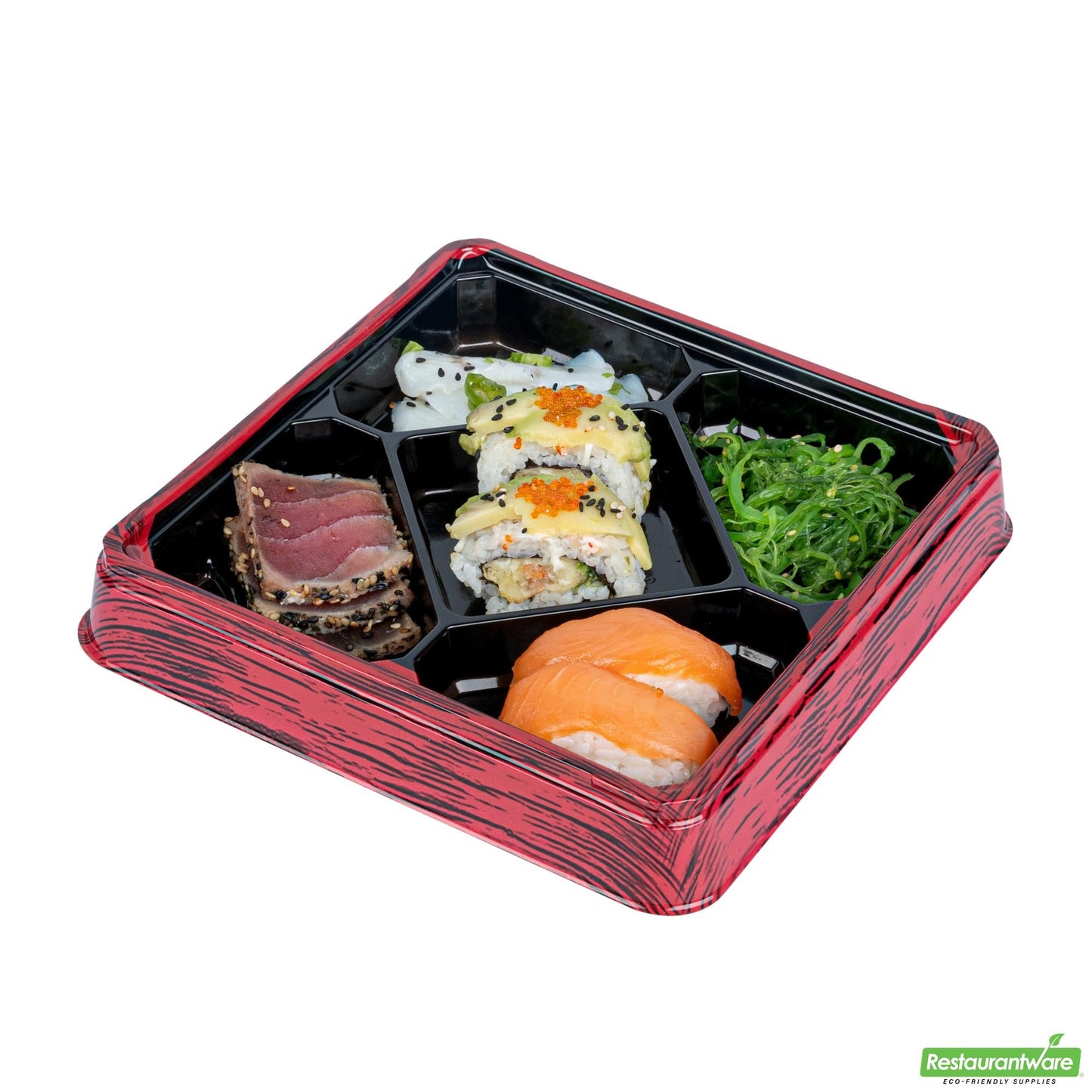 Wholesale Restaurantware 19 Oz Square Red and Black Plastic Bento Box - 5 Compartments- Bulk