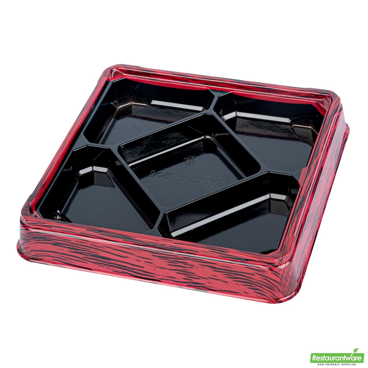 Wholesale Restaurantware 19 Oz Square Red and Black Plastic Bento Box - 5 Compartments- Bulk