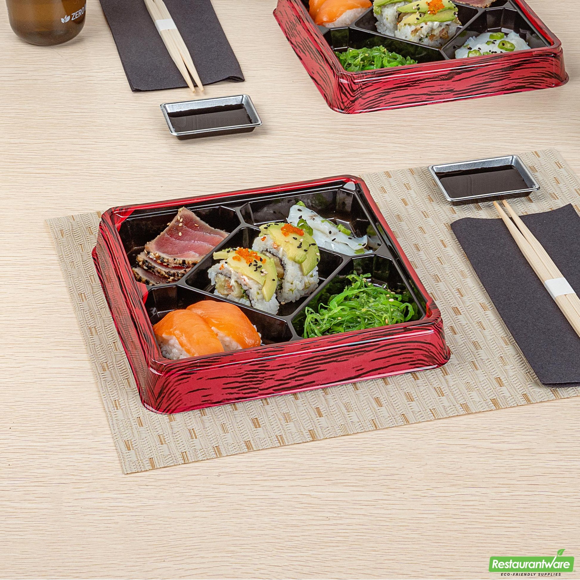 Wholesale Restaurantware 19 Oz Square Red and Black Plastic Bento Box - 5 Compartments- Bulk