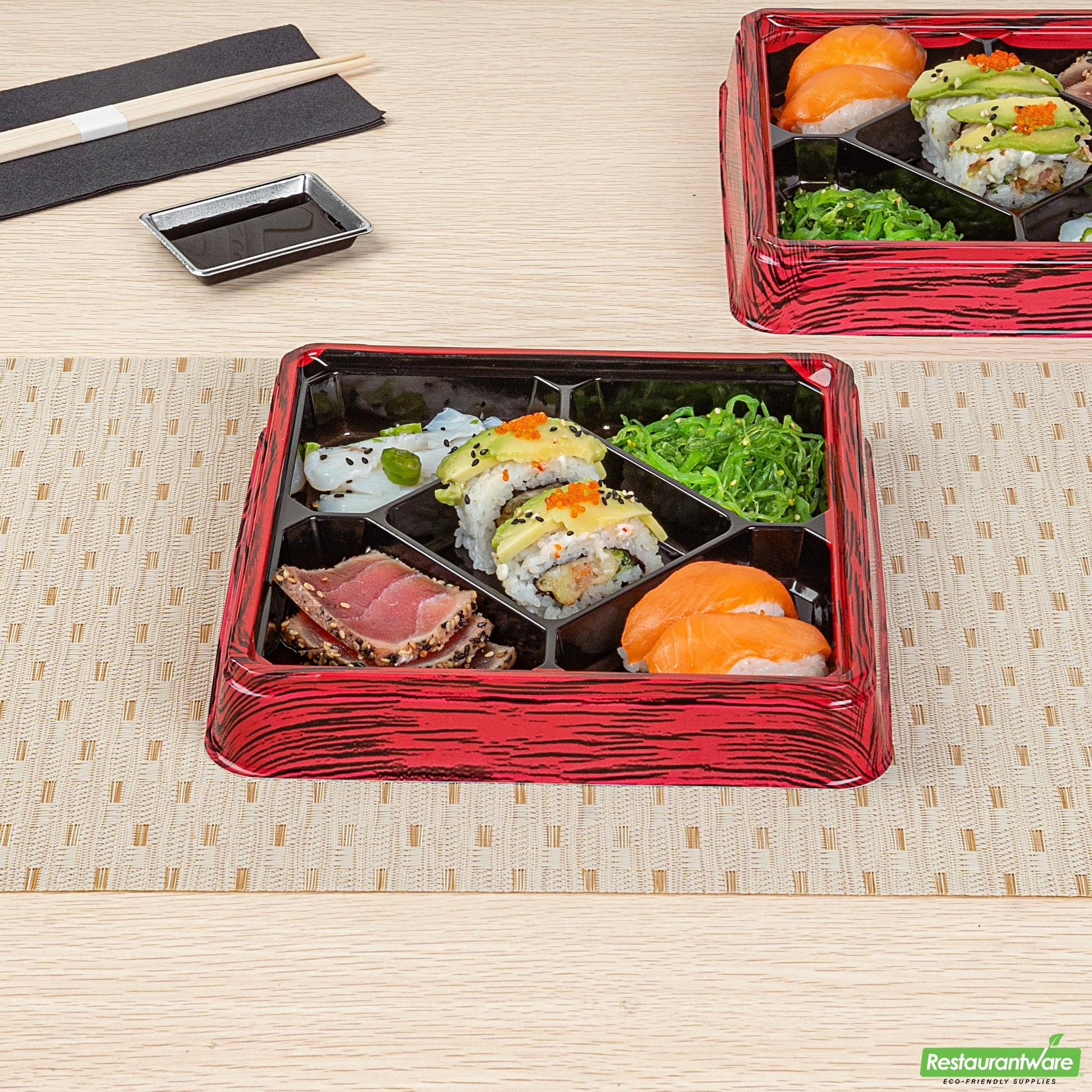 Wholesale Restaurantware 19 Oz Square Red and Black Plastic Bento Box - 5 Compartments- Bulk