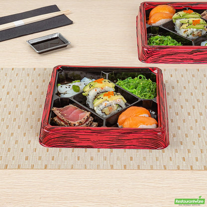 Wholesale Restaurantware 19 Oz Square Red and Black Plastic Bento Box - 5 Compartments- Bulk
