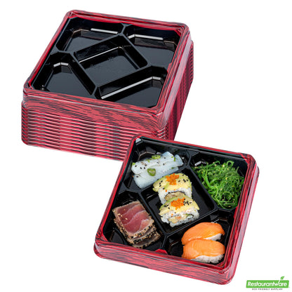 Wholesale Restaurantware 19 Oz Square Red and Black Plastic Bento Box - 5 Compartments- Bulk