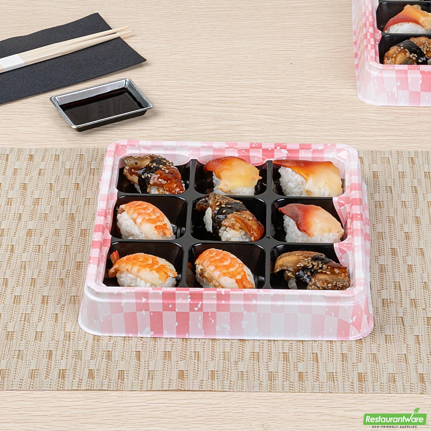 Wholesale Restaurantware 17 Oz Square Pink and Black Plastic Bento Box - 9 Compartments- Bulk