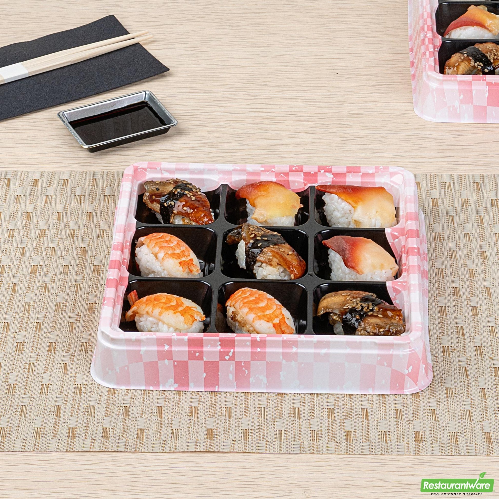 Wholesale Restaurantware 17 Oz Square Pink and Black Plastic Bento Box - 9 Compartments- Bulk
