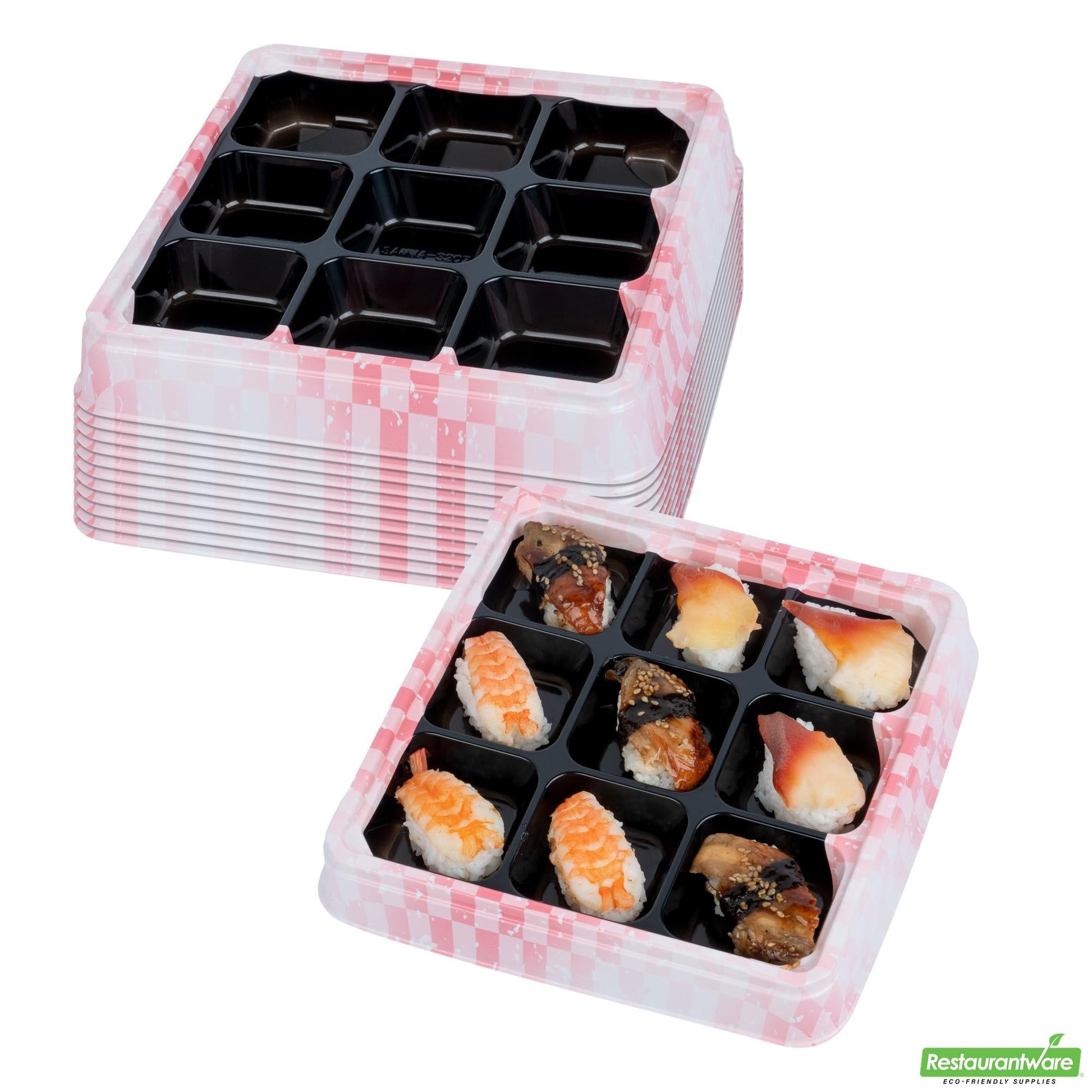 Wholesale Restaurantware 17 Oz Square Pink and Black Plastic Bento Box - 9 Compartments- Bulk