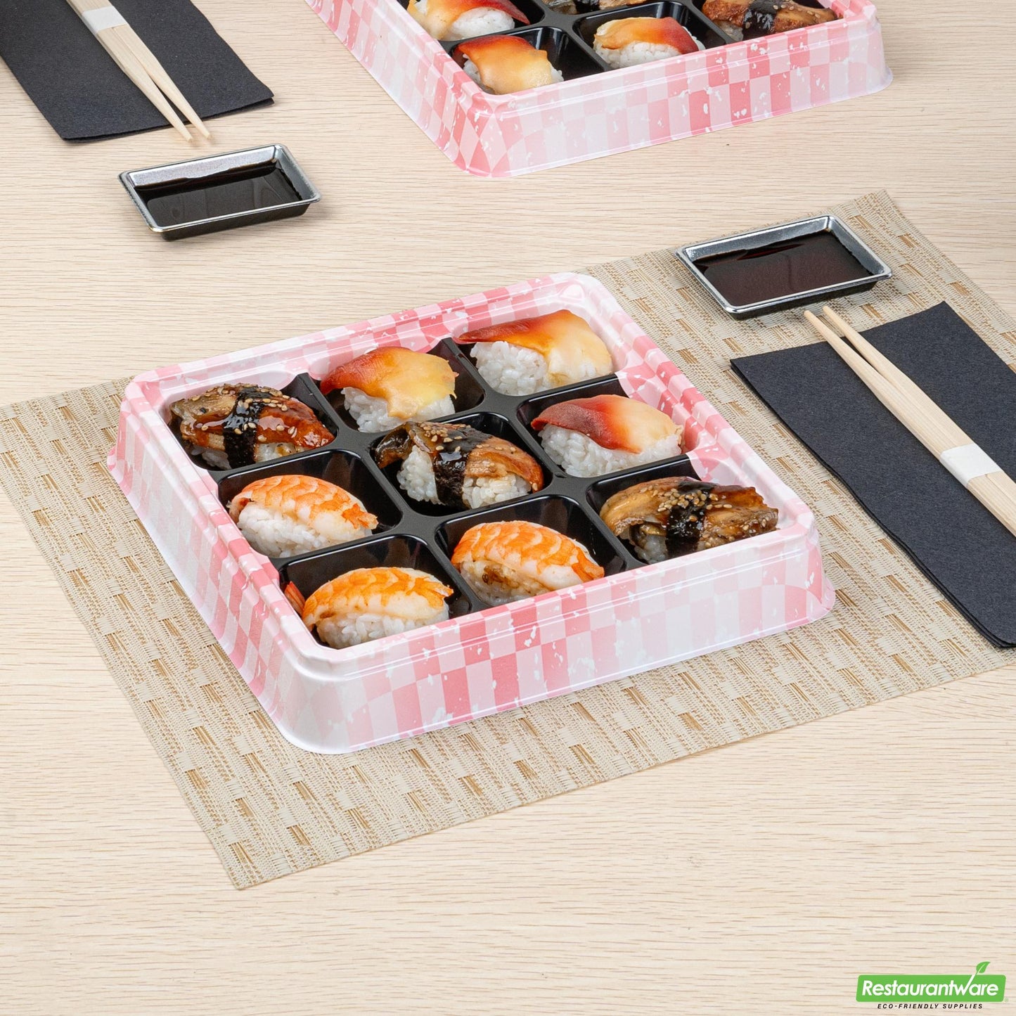 Wholesale Restaurantware 17 Oz Square Pink and Black Plastic Bento Box - 9 Compartments- Bulk