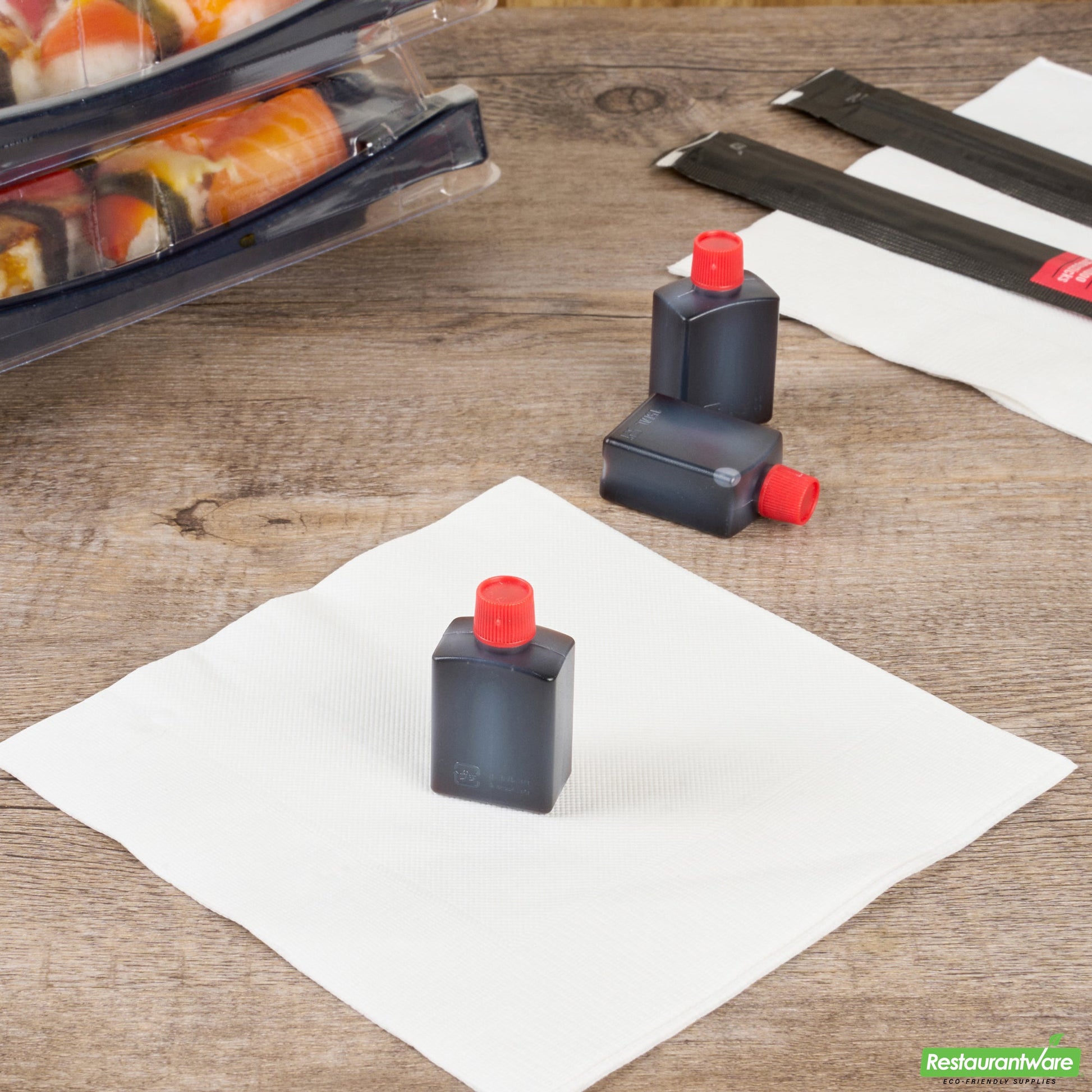 Wholesale Restaurantware Bento Tek 15 Ml Translucent Plastic Soy Sauce Bottle - with Red Cap - 1" X 3/4" X 2" - 100 Count Box- Bulk