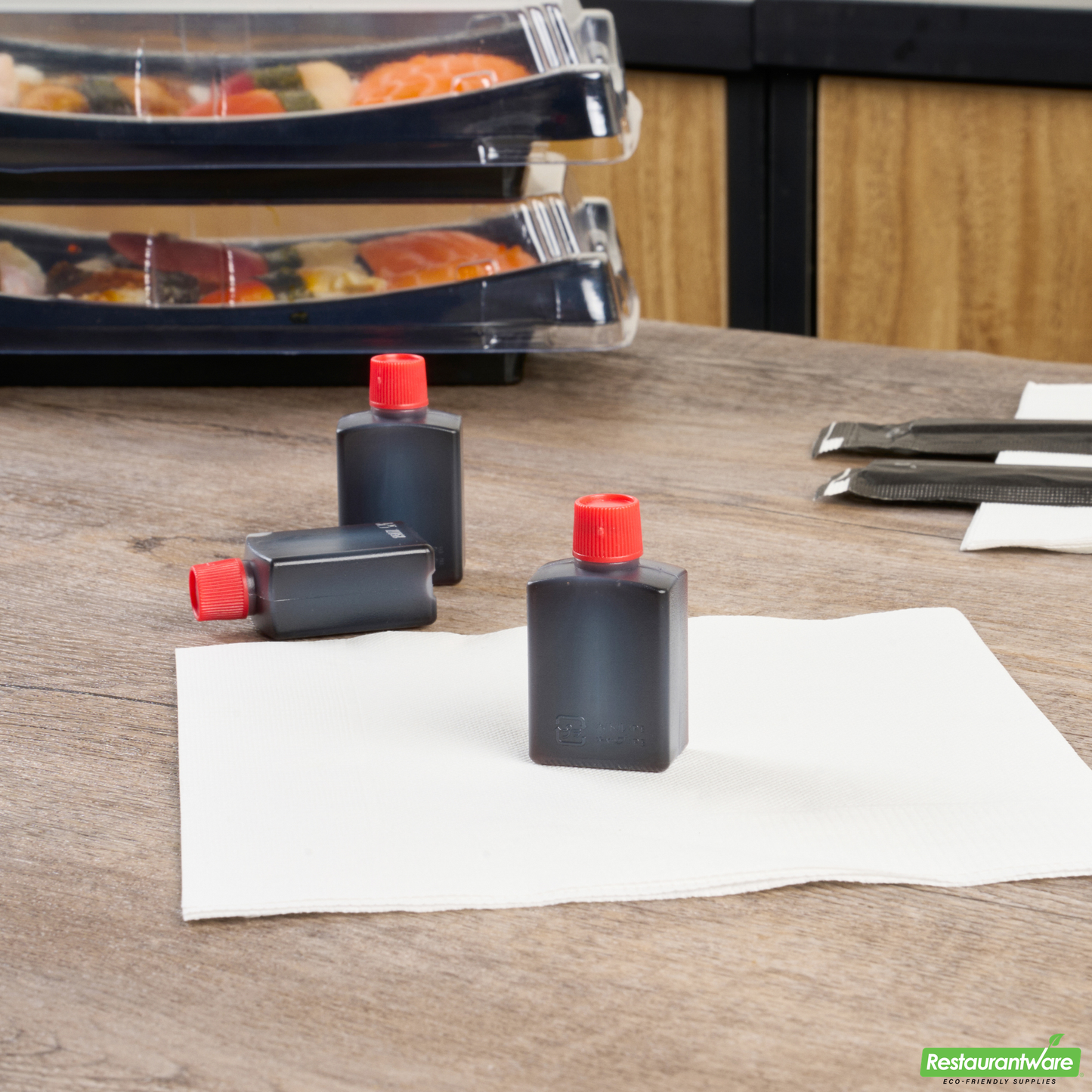 Wholesale Restaurantware Bento Tek 15 Ml Translucent Plastic Soy Sauce Bottle - with Red Cap - 1" X 3/4" X 2" - 1000 Count Box- Bulk