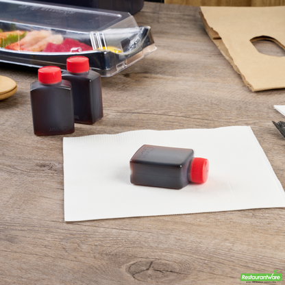 Wholesale Restaurantware Bento Tek 1 Oz Translucent Plastic Soy Sauce Bottle - with Red Cap - 1 1/2" X 3/4" X 2 1/4" - 100 Count Box- Bulk