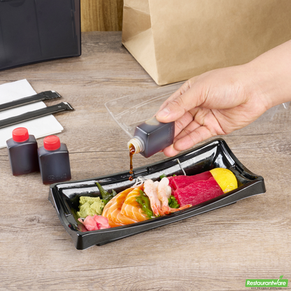 Wholesale Restaurantware Bento Tek 1 Oz Translucent Plastic Soy Sauce Bottle - with Red Cap - 1 1/2" X 3/4" X 2 1/4" - 100 Count Box- Bulk