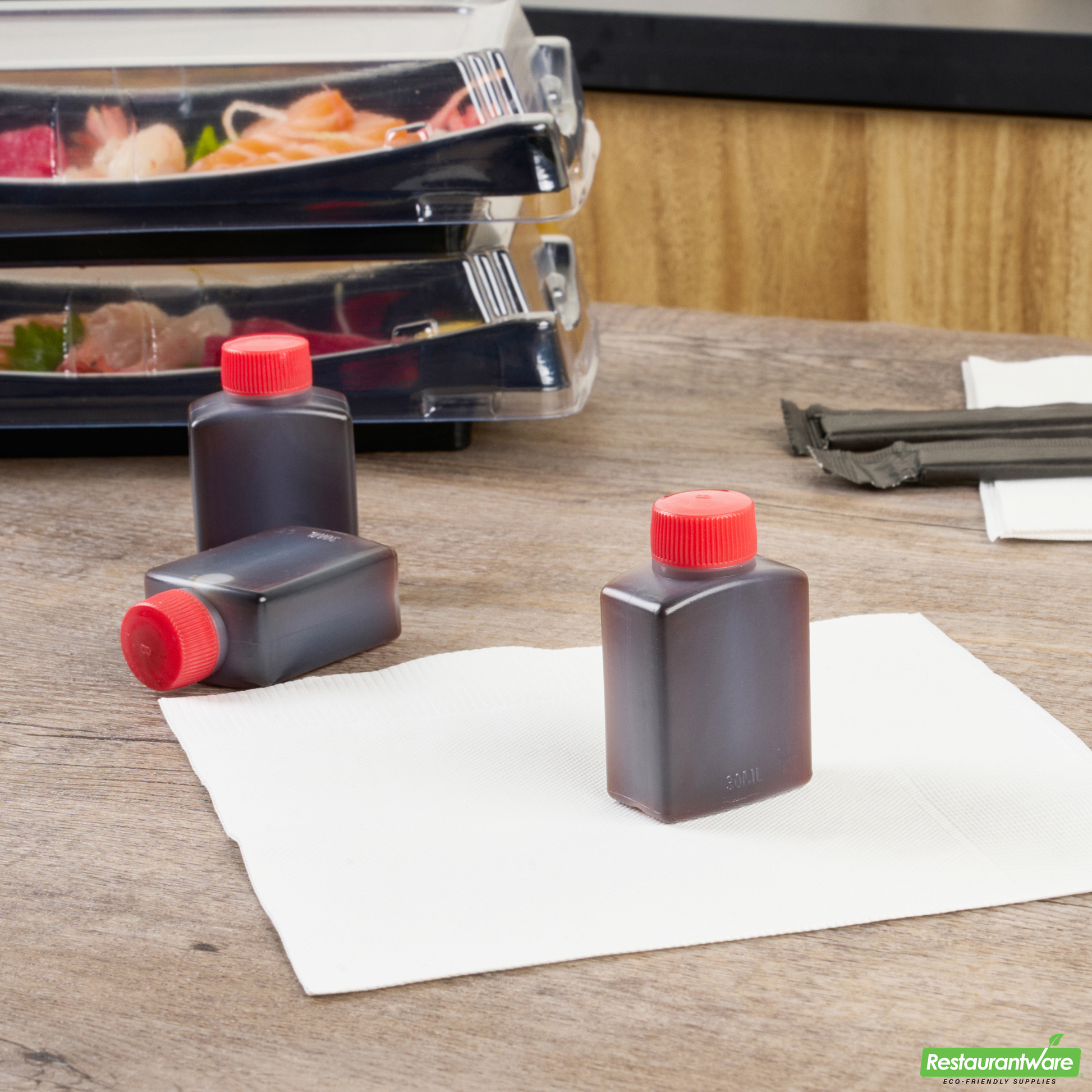 Wholesale Restaurantware Bento Tek 1 Oz Translucent Plastic Soy Sauce Bottle - with Red Cap - 1 1/2" X 3/4" X 2 1/4" - 100 Count Box- Bulk