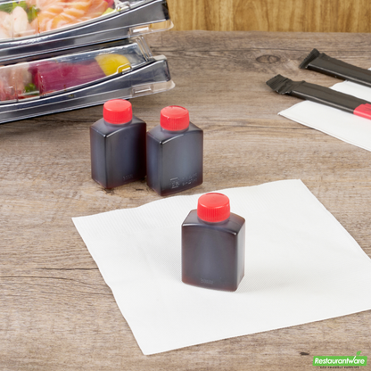 Wholesale Restaurantware Bento Tek 1 Oz Translucent Plastic Soy Sauce Bottle - with Red Cap - 1 1/2" X 3/4" X 2 1/4" - 100 Count Box- Bulk