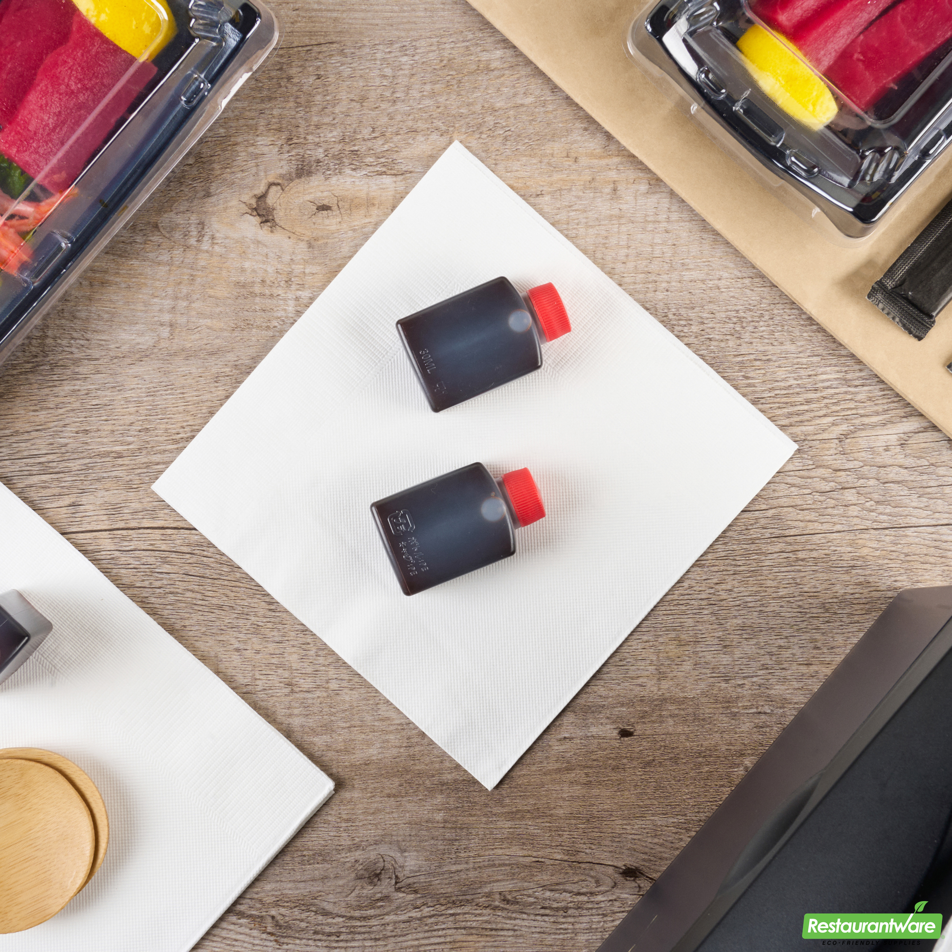Wholesale Restaurantware Bento Tek 1 Oz Translucent Plastic Soy Sauce Bottle - with Red Cap - 1 1/2" X 3/4" X 2 1/4" - 100 Count Box- Bulk