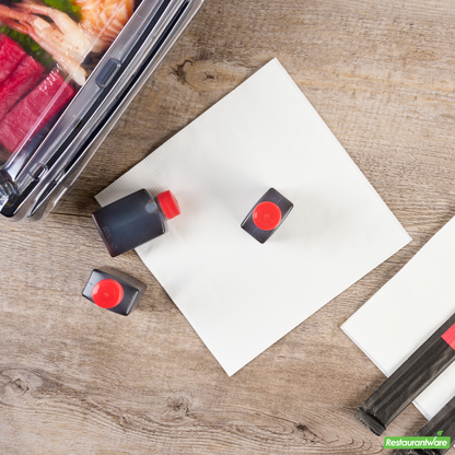 Wholesale Restaurantware Bento Tek 1 Oz Translucent Plastic Soy Sauce Bottle - with Red Cap - 1 1/2" X 3/4" X 2 1/4" - 100 Count Box- Bulk