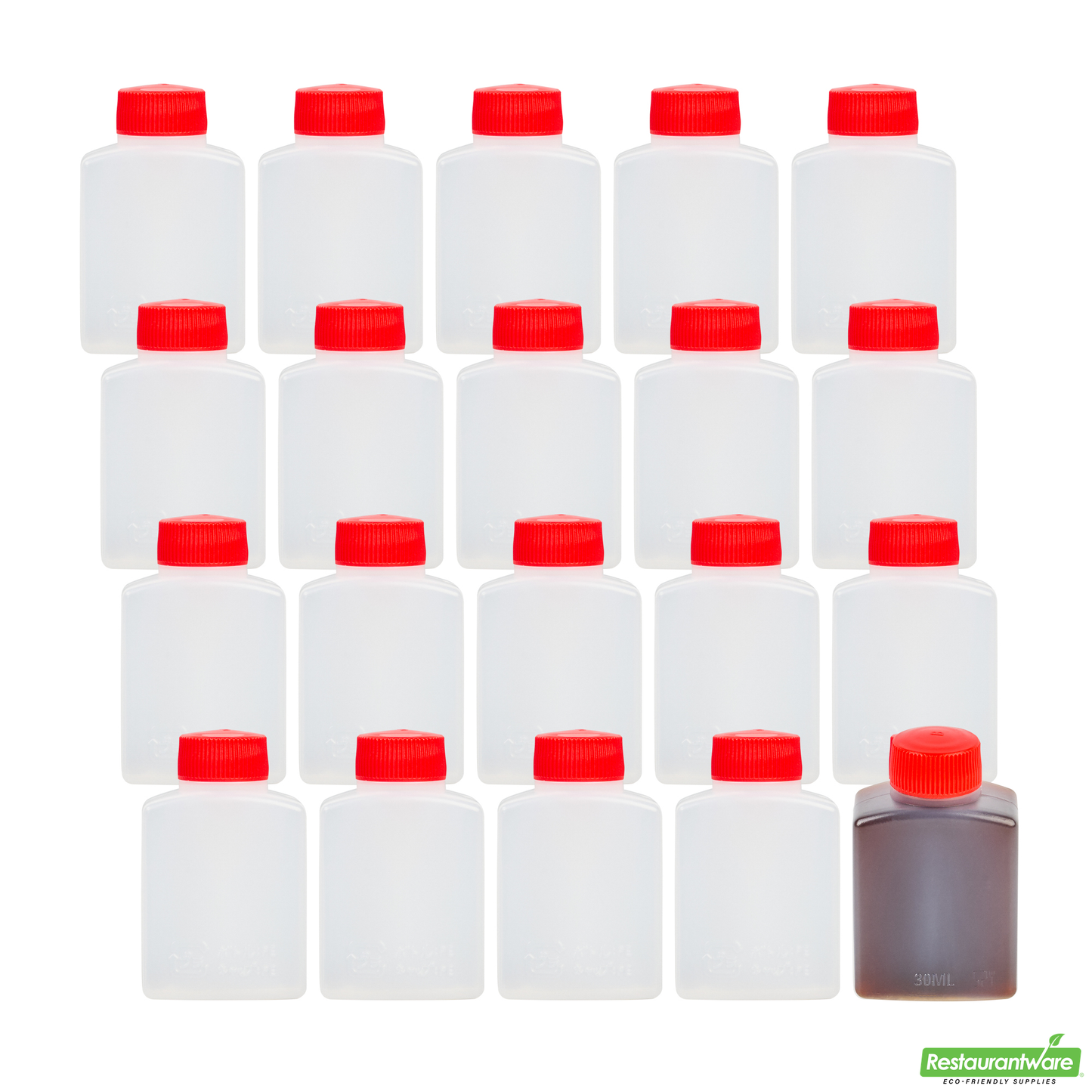 Wholesale Restaurantware Bento Tek 1 Oz Translucent Plastic Soy Sauce Bottle - with Red Cap - 1 1/2" X 3/4" X 2 1/4" - 100 Count Box- Bulk
