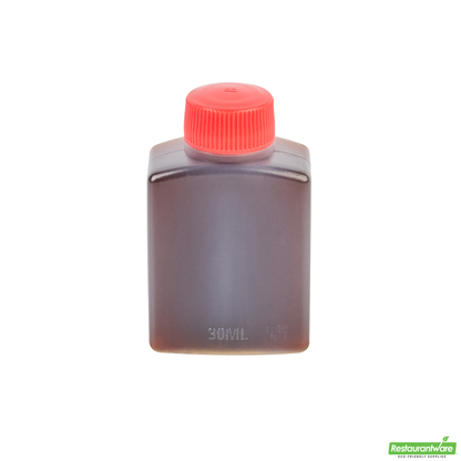 Wholesale Restaurantware Bento Tek 1 Oz Translucent Plastic Soy Sauce Bottle - with Red Cap - 1 1/2" X 3/4" X 2 1/4" - 100 Count Box- Bulk