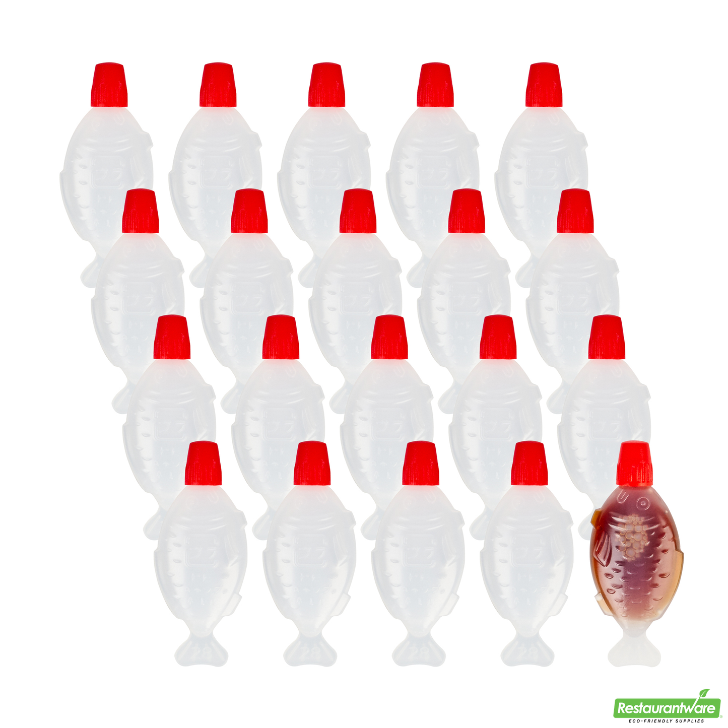 Wholesale Restaurantware Bento Tek 3 Ml Translucent Plastic Fish Soy Sauce Bottle - with Red Cap - 2 1/4" X 1/2" X 1" - 1000 Count Box- Bulk