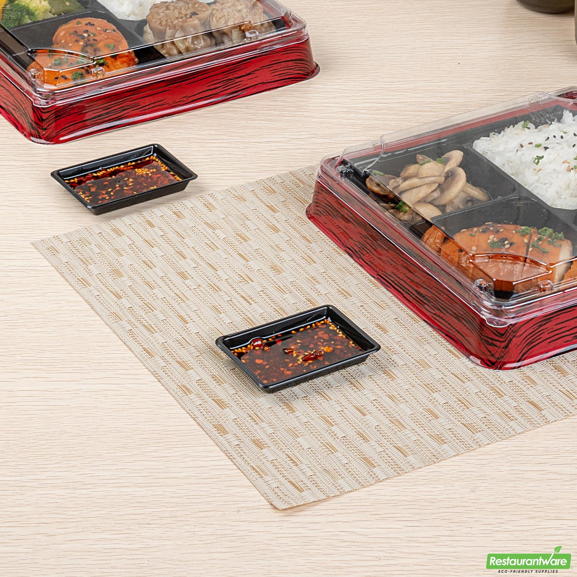 Wholesale Restaurantware Bento Tek 1 Oz Rectangle Black Plastic Sauce Dish - 3" X 2 1/4" - 1000 Count Box- Bulk