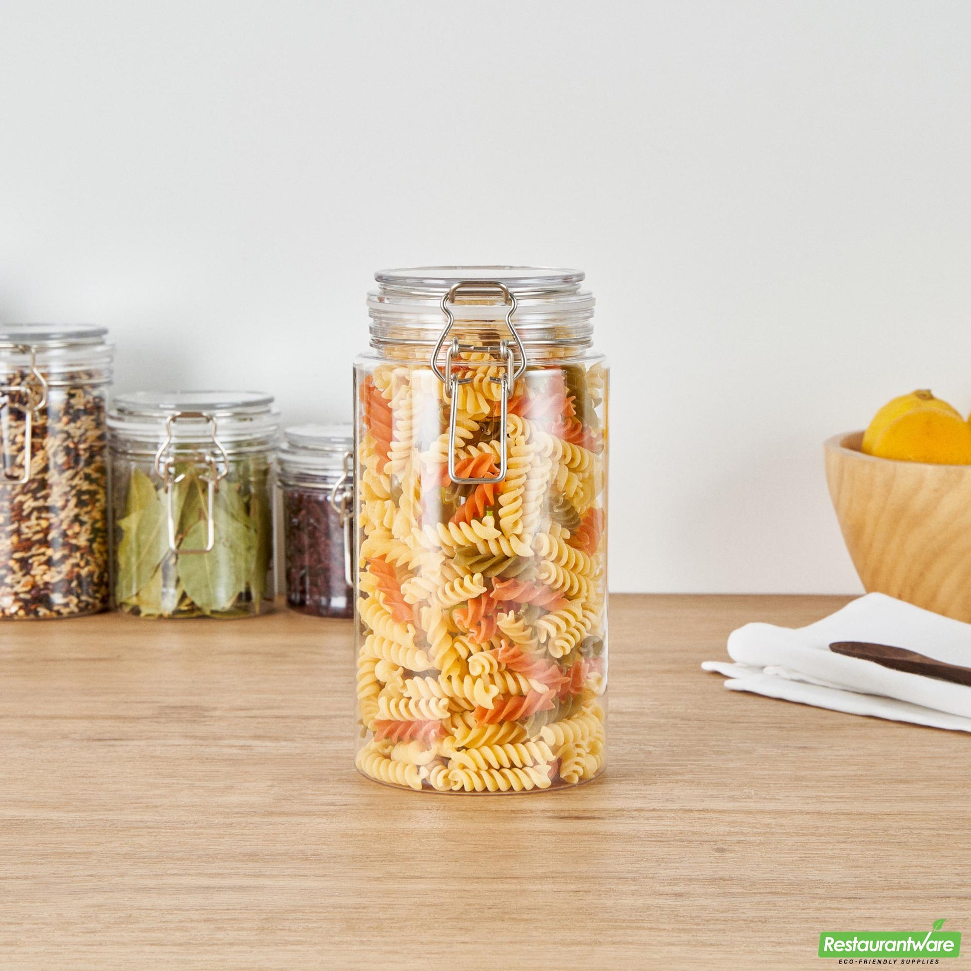 Wholesale Restaurantware Met Lux 51 Oz Round Clear Plastic Storage Jar - with Hinged Lid - 4 1/4" X 4 1/4" X 8 1/4" - 20 Count Box- Bulk