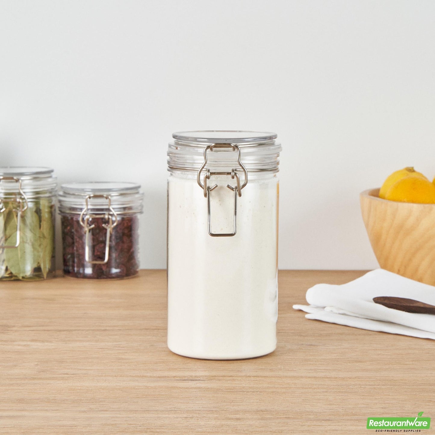 Wholesale Restaurantware Met Lux 32 Oz Round Clear Plastic Storage Jar - with Hinged Lid - 3 3/4" X 3 3/4" X 7 1/4" - 20 Count Box- Bulk