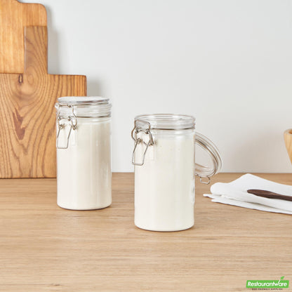 Wholesale Restaurantware Met Lux 32 Oz Round Clear Plastic Storage Jar - with Hinged Lid - 3 3/4" X 3 3/4" X 7 1/4" - 20 Count Box- Bulk