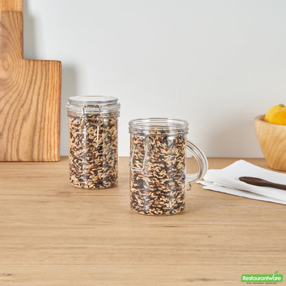 Wholesale Restaurantware Met Lux 24 Oz Round Clear Plastic Storage Jar - with Hinged Lid - 3 1/2" X 3 1/2" X 6" - 20 Count Box- Bulk