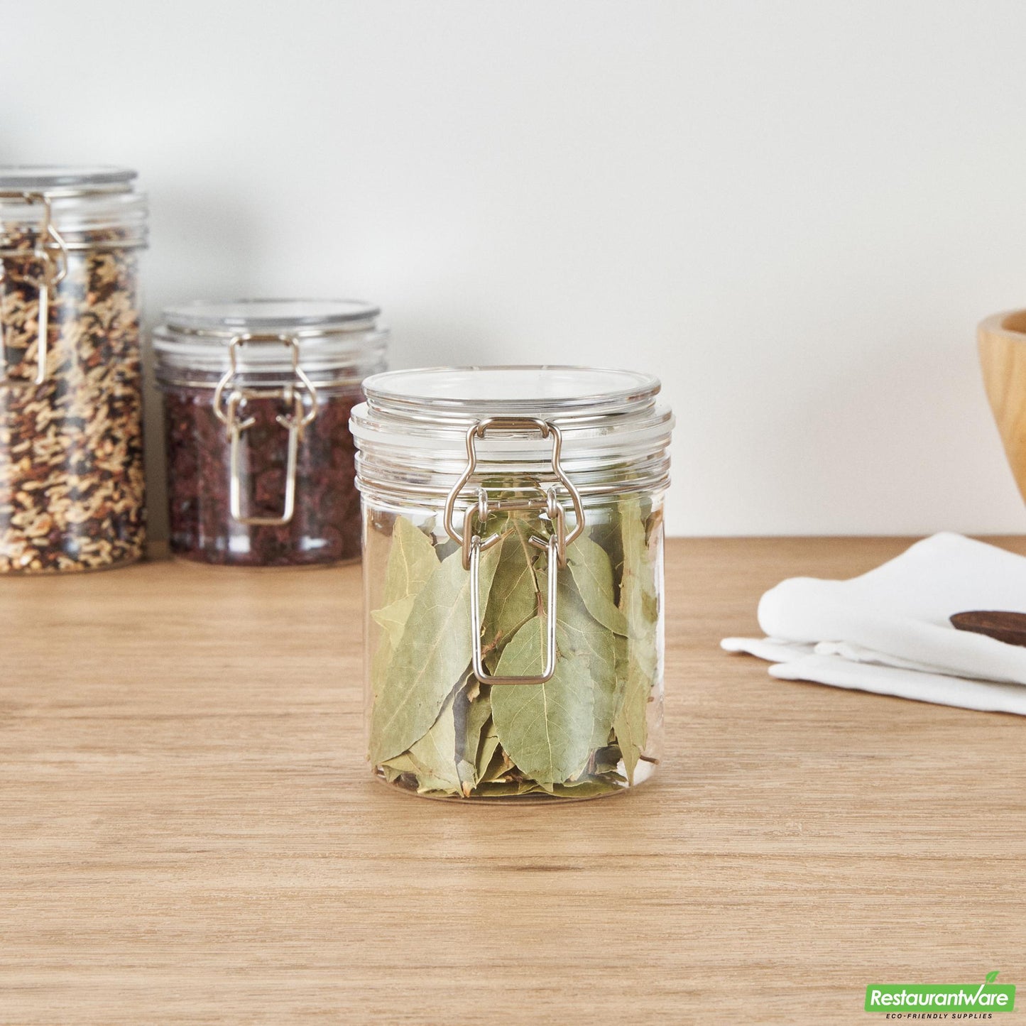 Wholesale Restaurantware Met Lux 17 Oz Round Clear Plastic Storage Jar - with Hinged Lid - 3 1/2" X 3 1/2" X 4 1/2" - 20 Count Box- Bulk