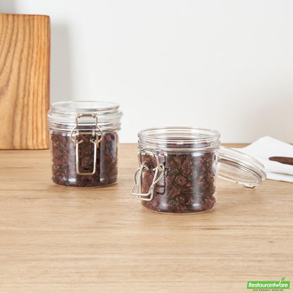 Wholesale Restaurantware Met Lux 15 Oz Round Clear Plastic Storage Jar - with Hinged Lid - 3 1/2" X 3 1/2" X 4" - 2 Count Box- Bulk